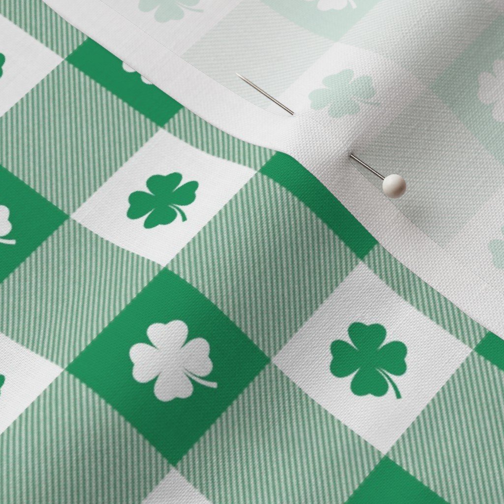Kelly and White Gingham Check with Center Shamrock Medallions in Fabric st patricks fabric