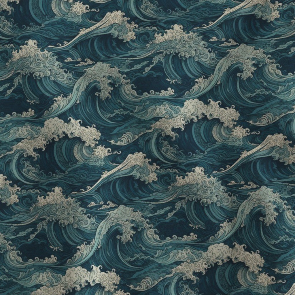 Japanese Woodcut Big Tsunami Waves in Shades of Blue Fabric japanese woodcut fabric