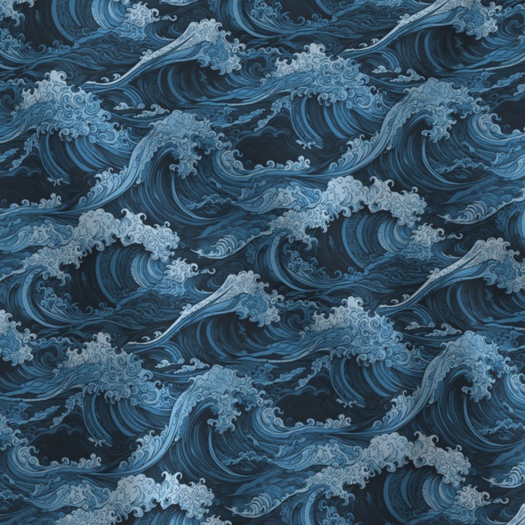 Japanese Woodcut Big Tsunami Waves in Shades of Mid-Blue Fabric japanese woodcut fabric