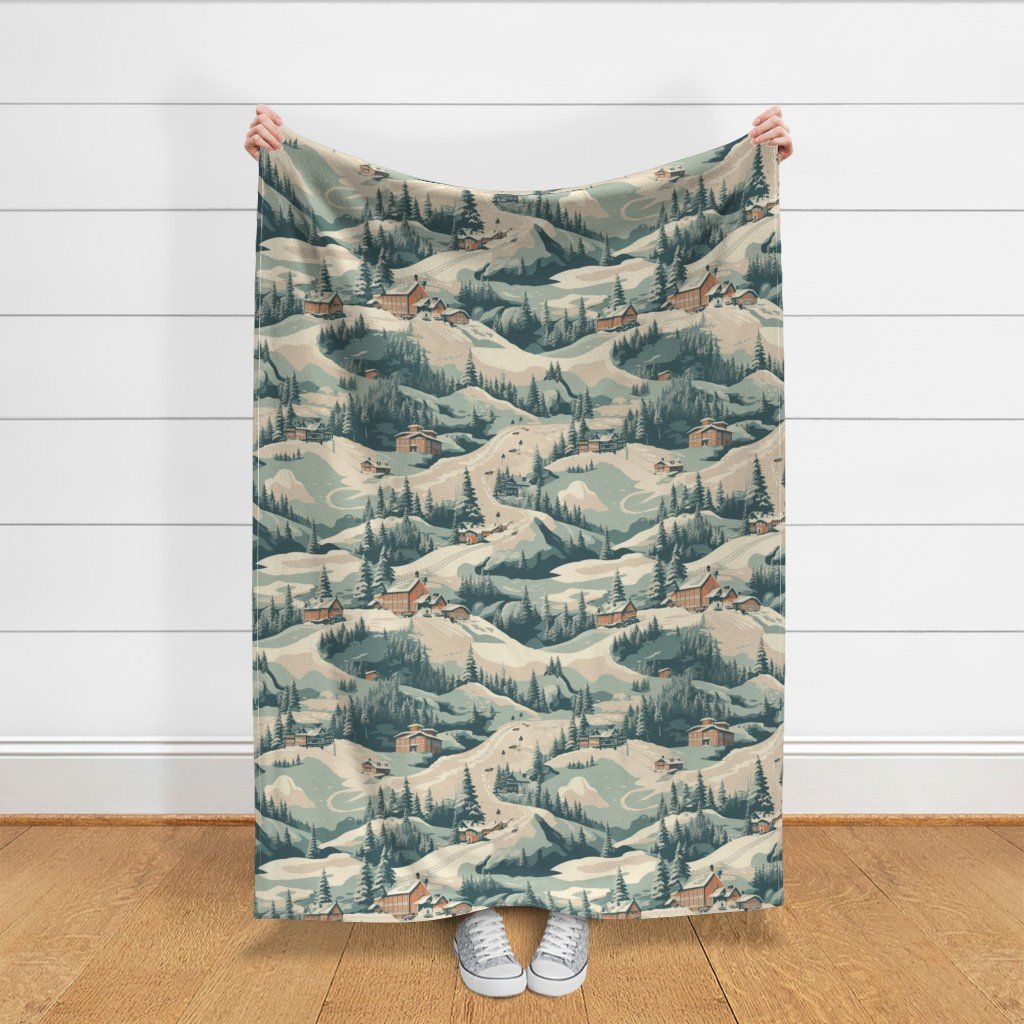Vintage Ski Slope Blue Interior Collection Decor Collection skiiing scene fabric
