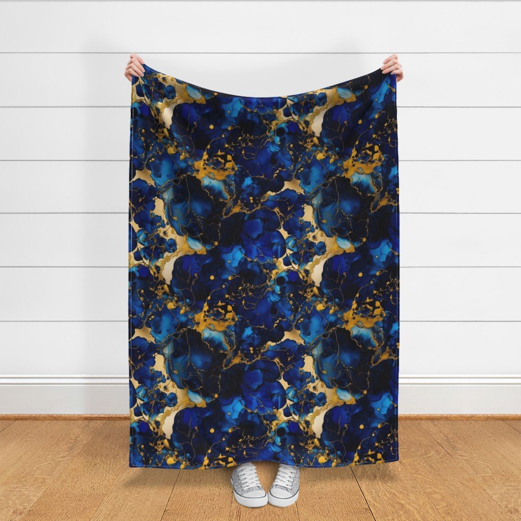 Cobalt Blue and Gold Alcohol Ink 2 Fabric inky swirls fabric