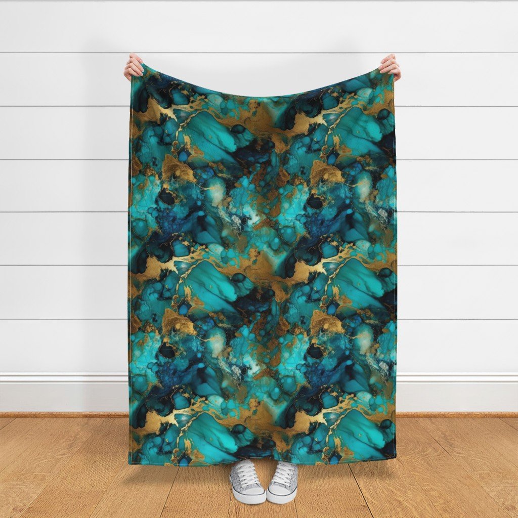 Turquoise and Gold Alcohol Ink 1 Fabric marbled ink fabric