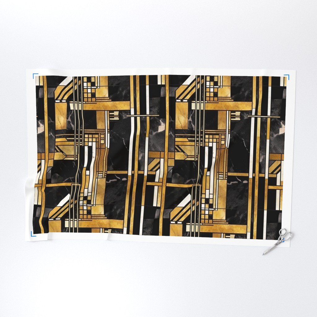 De Stijl Geometric Art Deco Pattern in Black and Gold Fabric gold art deco fabric