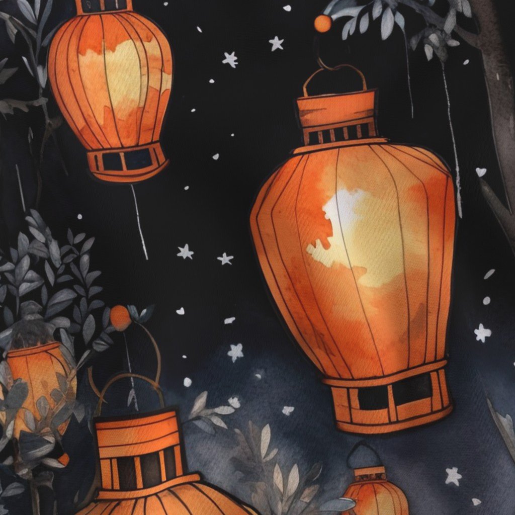 Orange Glowing Chinese Paper Lanterns Watercolor Fabric orange lanterns fabric