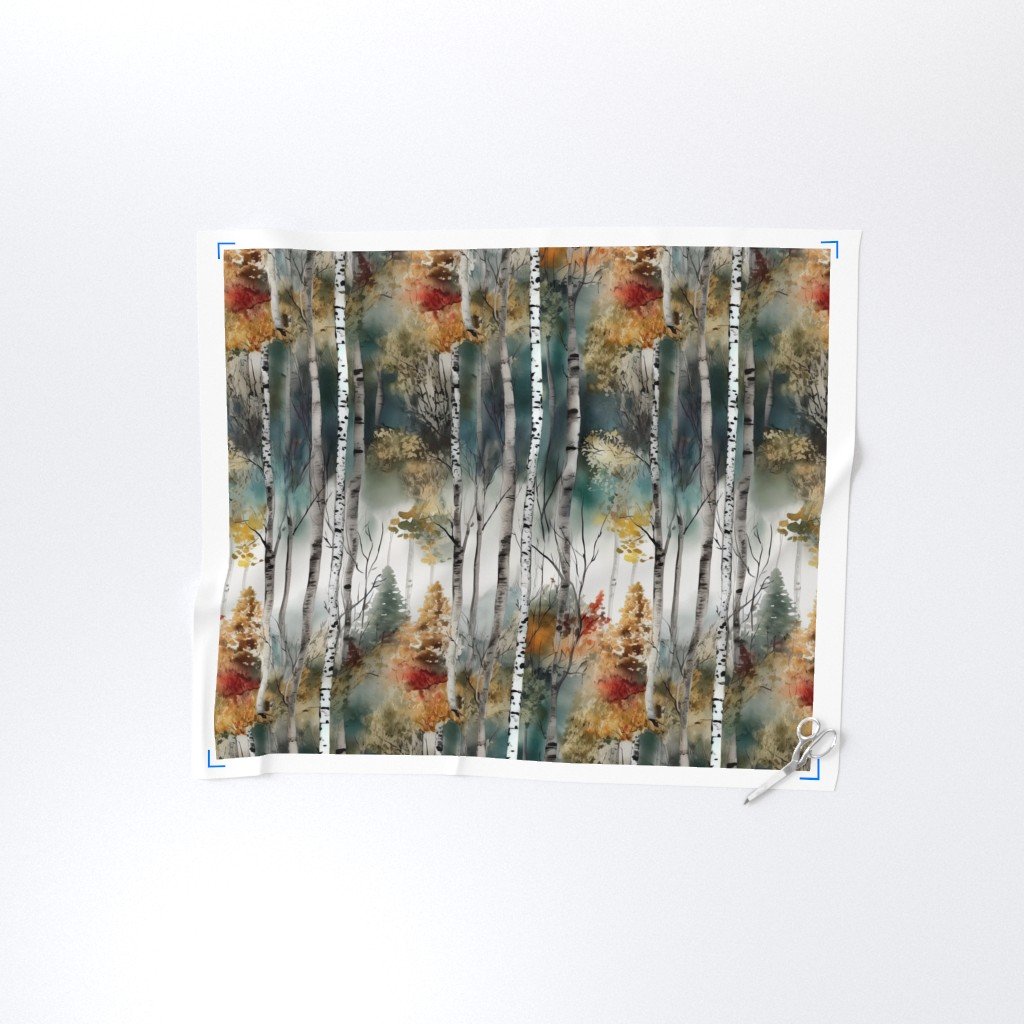Endless Birch Tree Dreamscape Trees in Misty Forest Watercolor Fabric forest watercolor fabric