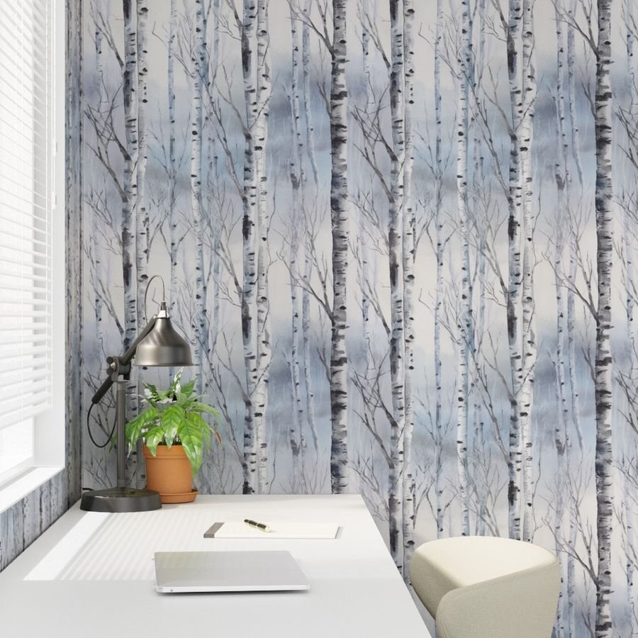 Endless Silver Birch Tree Dreamscape Trees in Misty Forest Watercolor silver birch forest wallpaper