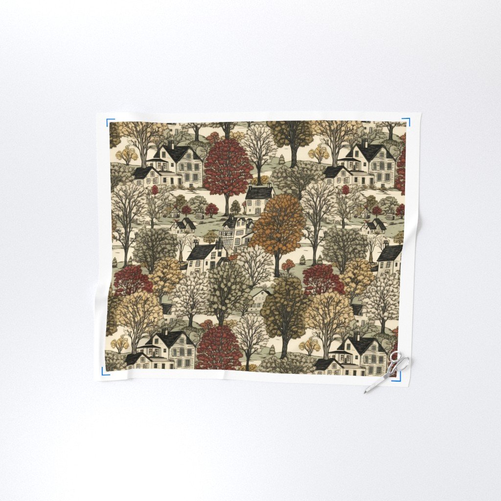 New England Village Houses with Trees in Muted Colors Fabric new england village fabric