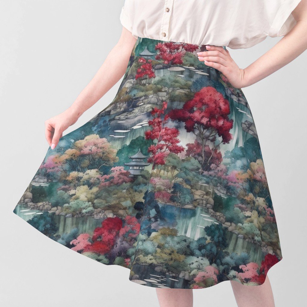 Japanese Water Garden Watercolor with Temples Fabric water garden fabric