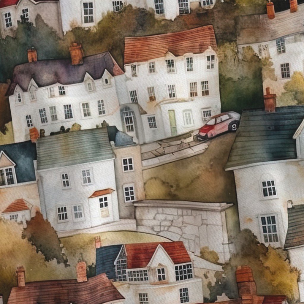 English Town Houses in Watercolor Fabric watercolor houses fabric
