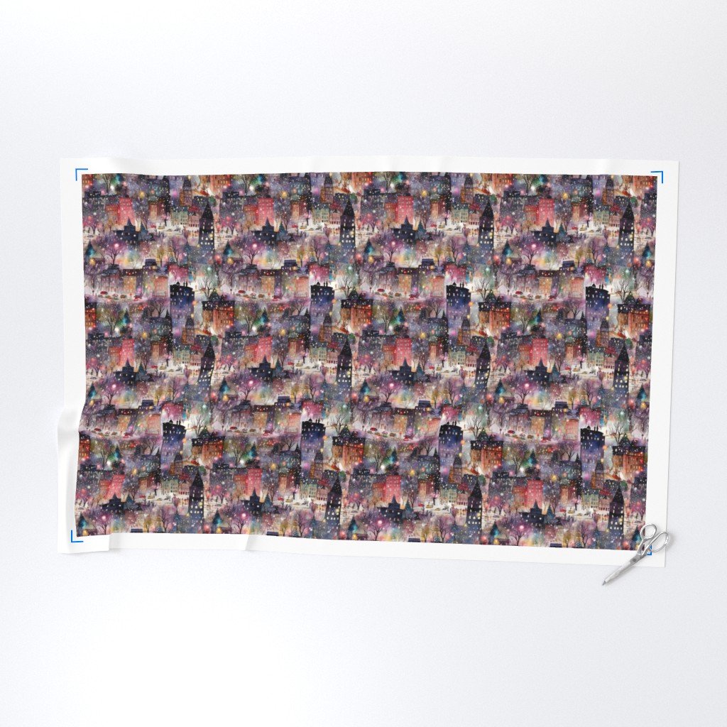 New York City Christmas Street Watercolor Fabric christmas village fabric