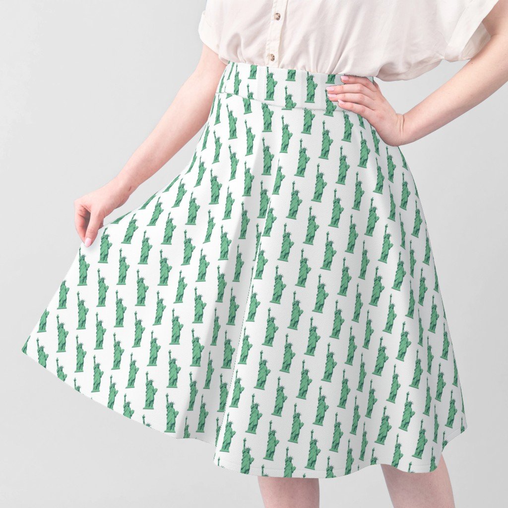 Mini Lady Liberty Statues Repeat in Beguiling Green on White Fabric lady liberty fabric