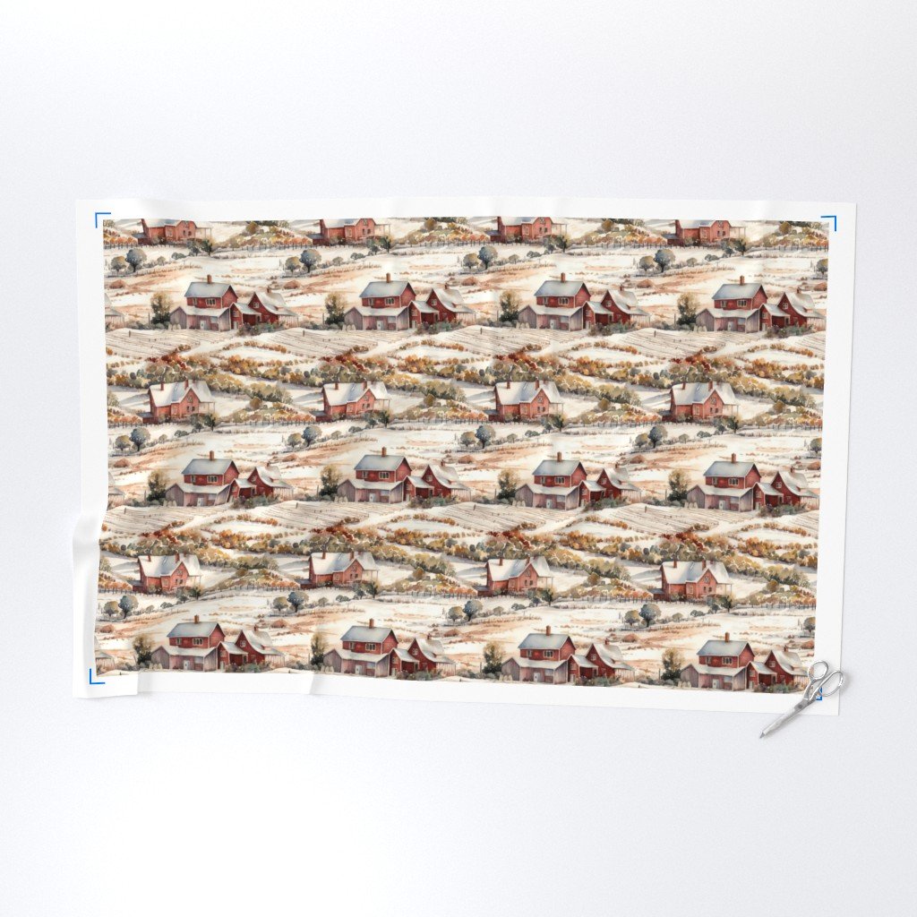 Winter Snowy Farm Landscape Watercolor Fabric snowy fields fabric