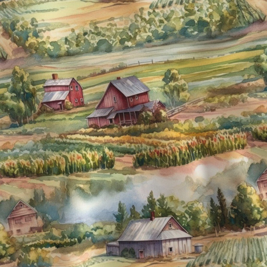 Summer Farm Landscape Watercolor Fabric rolling hills fabric