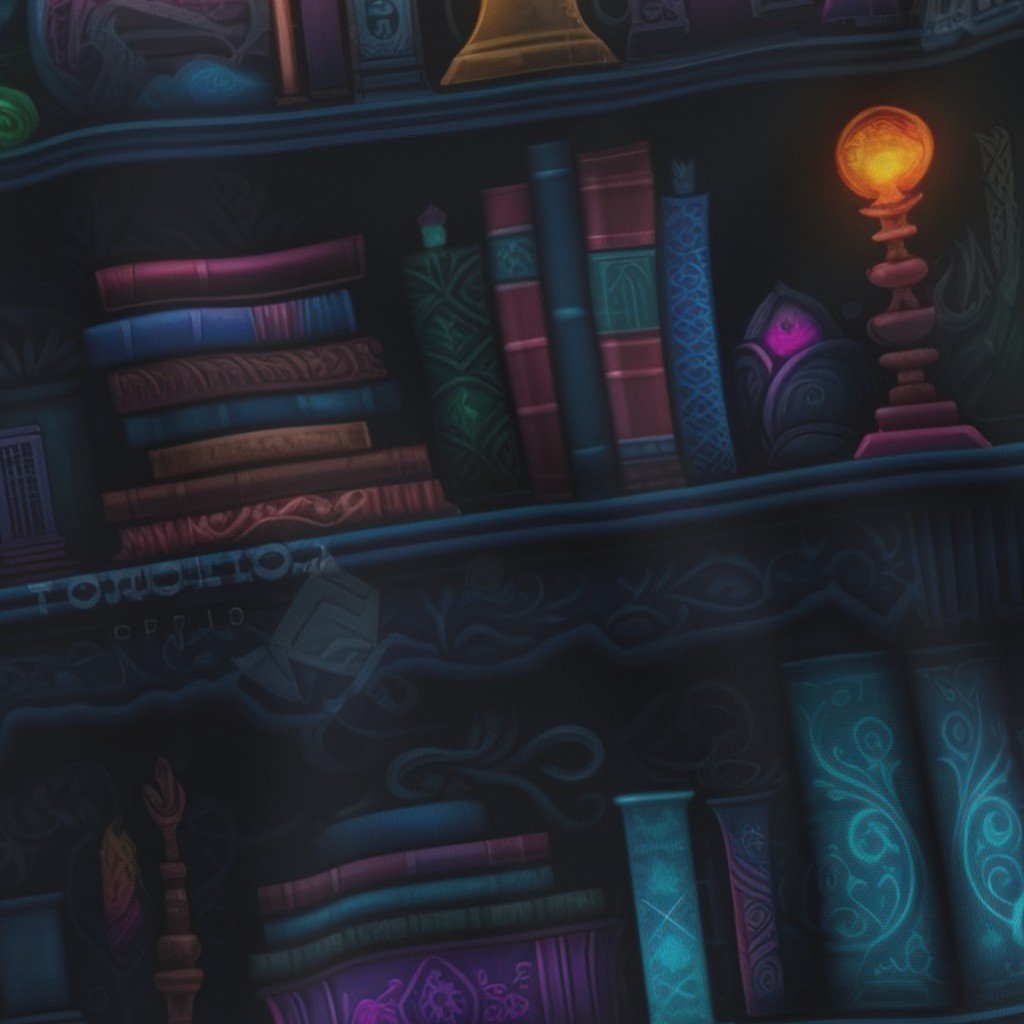 Spooky Photo realistic Dark Academia Bookshelves in Bright Neons Fabric neon library fabric
