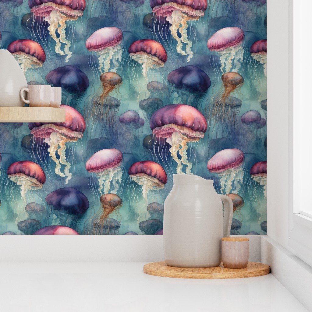 Underwater Watercolor of Brightly Colored Jelly Fish with Wallpaper bright jellyfish wallpaper