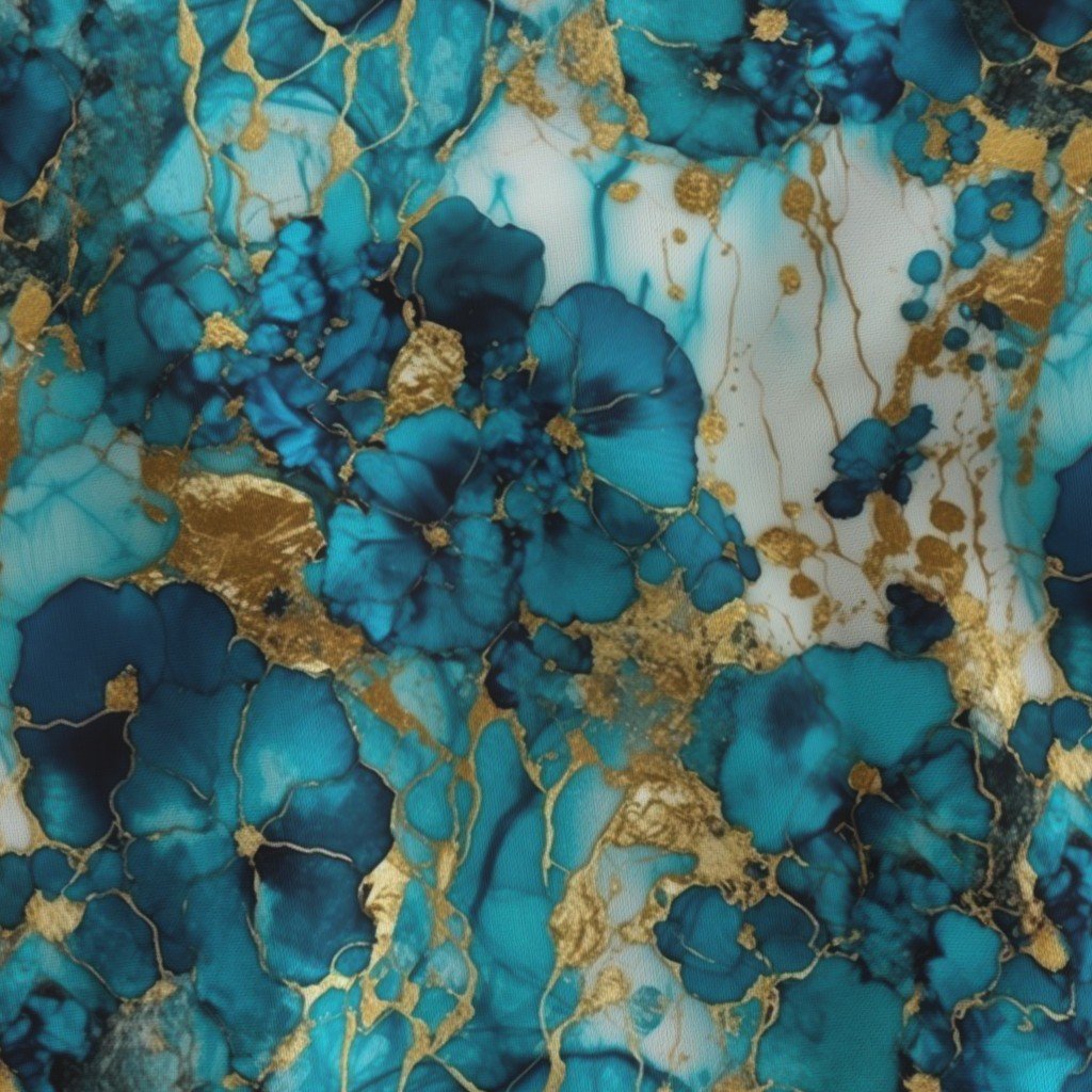 Small Turquoise and Gold Alcohol Ink 4 Fabric marbled ink fabric