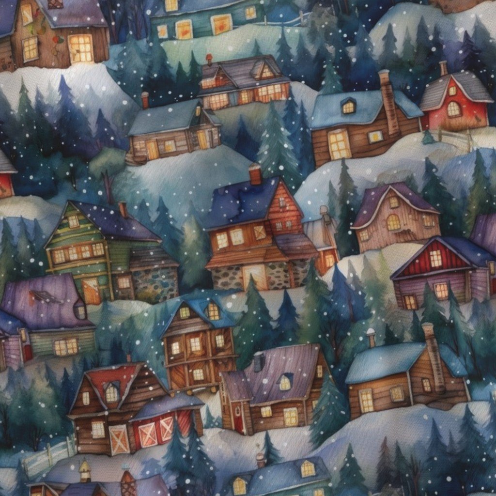Small Christmas Rustic Country Winter Cabins Watercolor Home Decor Collection Decor Collection rustic village fabric