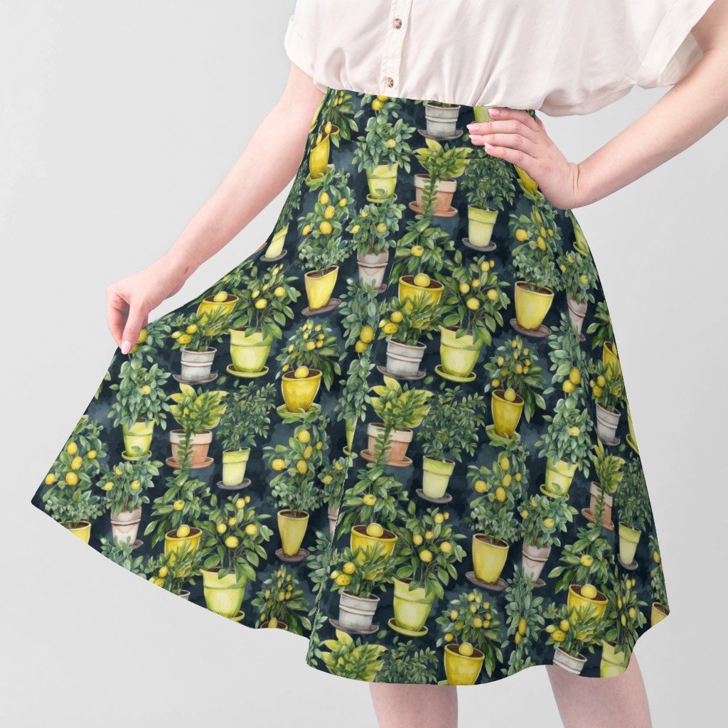 Potted Lemon Trees Watercolor on Dark Green Fabric potted lemon fabric