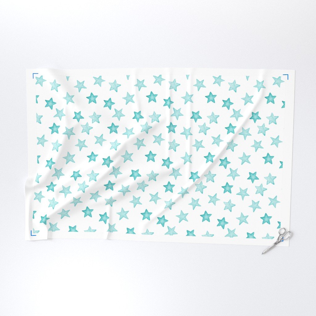 Large Faded Aqua Christmas Stars on White Fabric christmas pattern fabric
