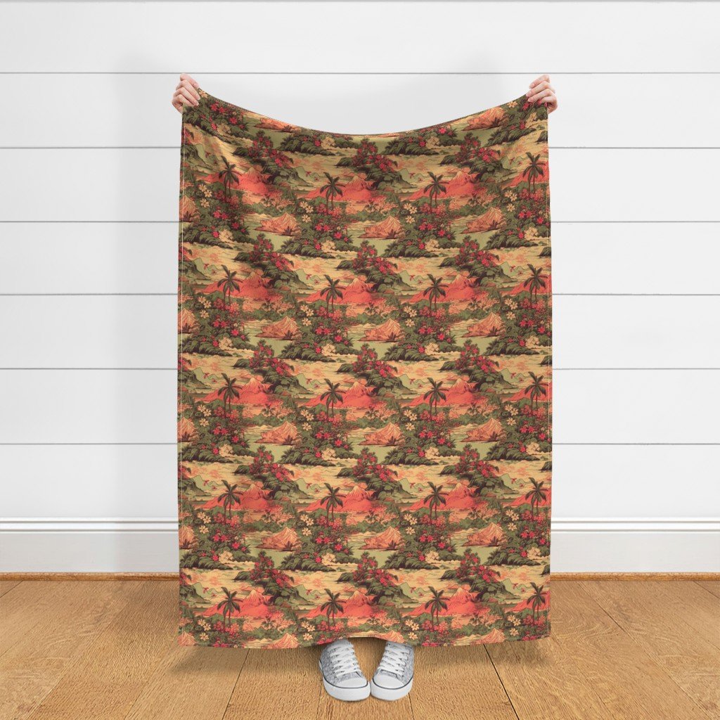 Small Vintage Hawaiian Landscape in Sage Green and Orange Fabric palm trees fabric