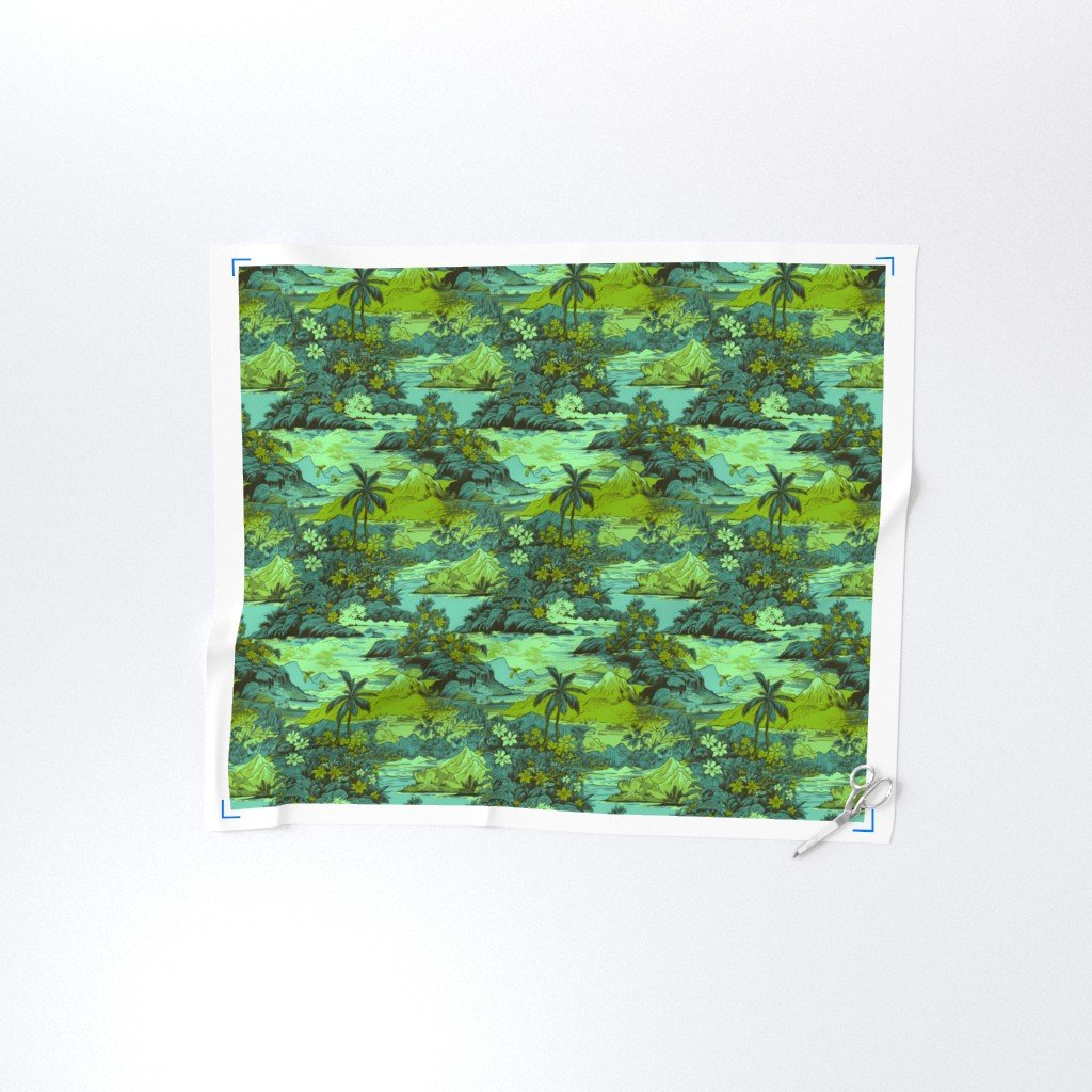 Small Vintage Hawaiian Landscape in Lime and Aqua Fabric lime hawaii fabric