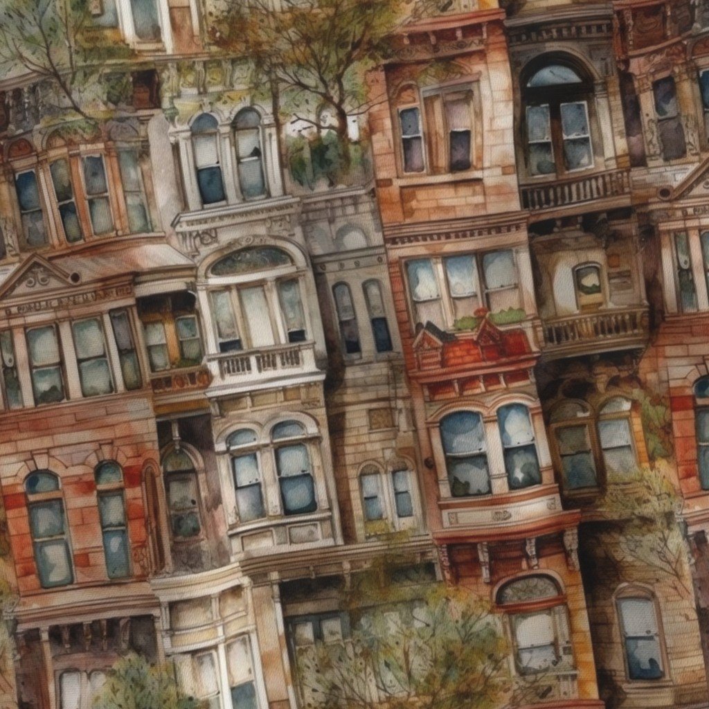 Brownstone Buildings in Varied Tones of Brown Watercolor Fabric architect fabric