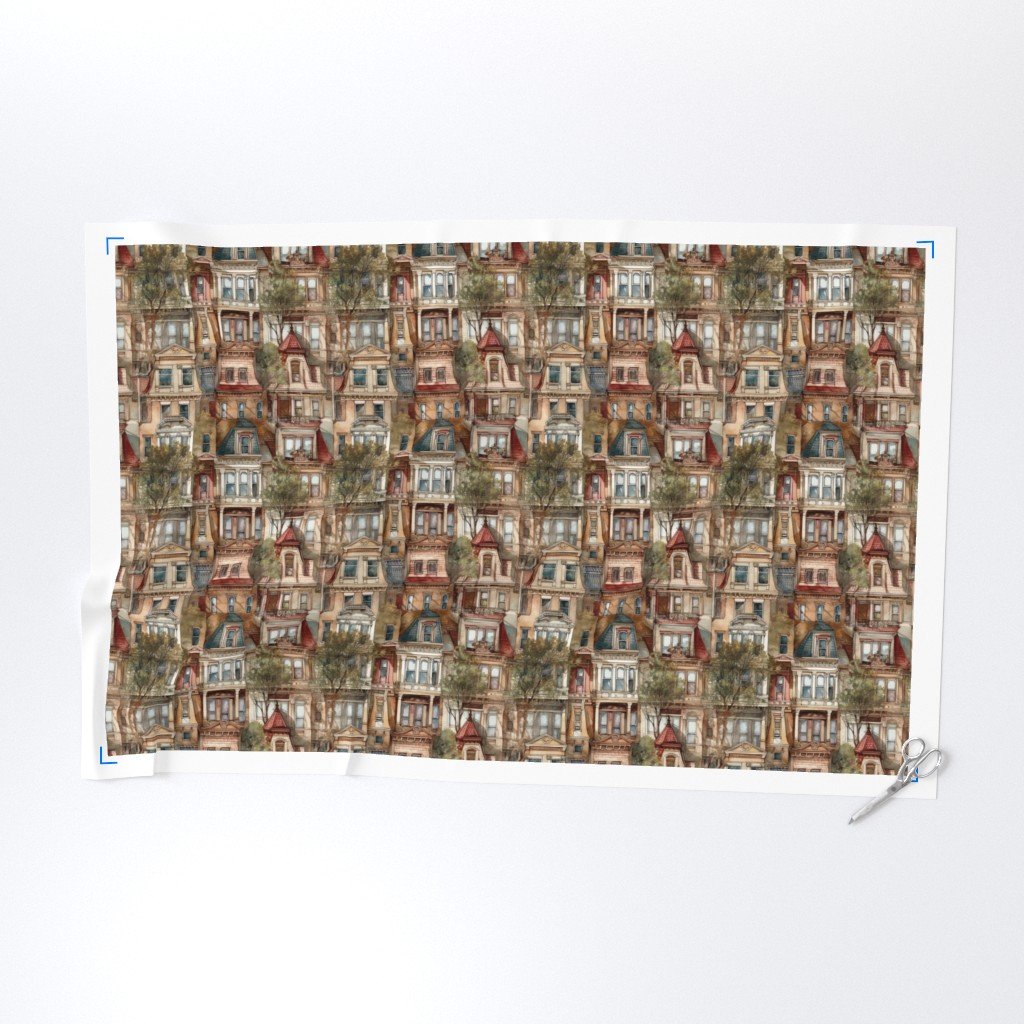 Brownstone Buildings in Varied Tones of Brown Watercolor Fabric architect fabric