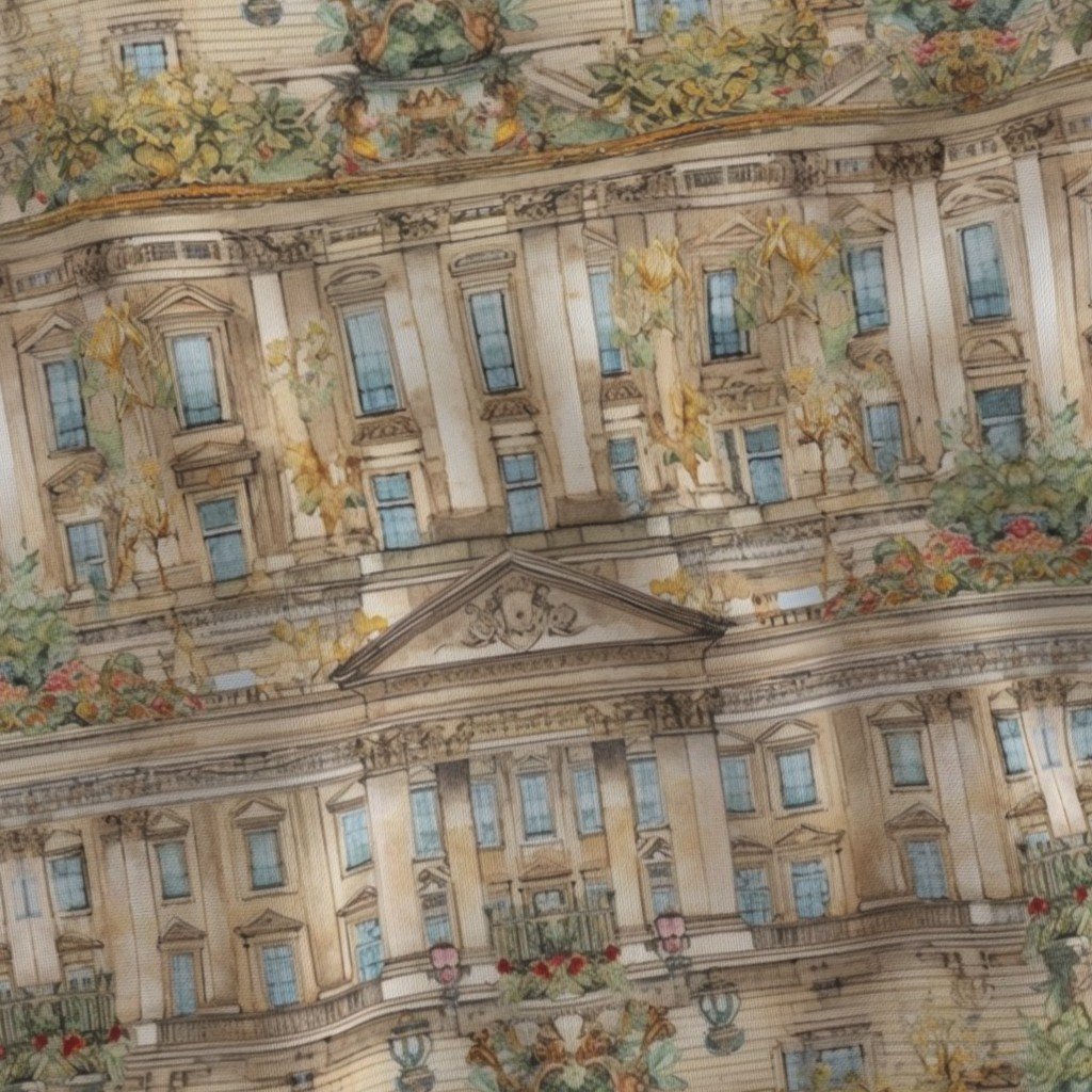 Buckingham Palace Architectural Detail in Windows Columns Pelmets Fabric arches fabric
