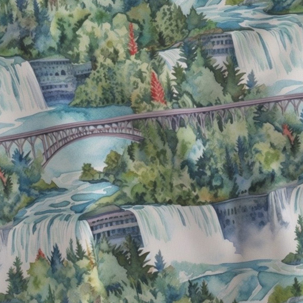 Majestic Niagra Falls Waterfall Border of Two North American Fabric new york falls fabric