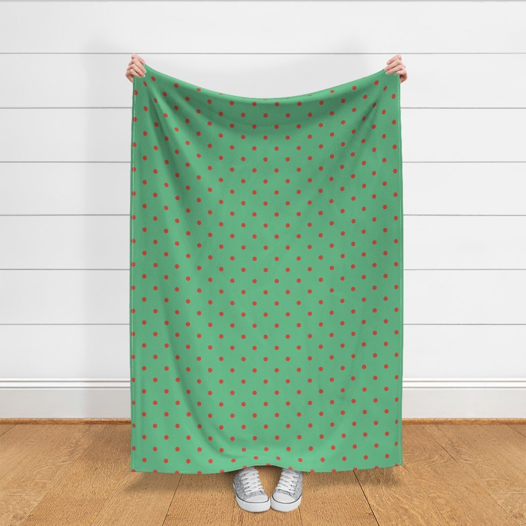Red Vermillion Polka Dots on Vintage Christmas Green Fabric polka dot fabric