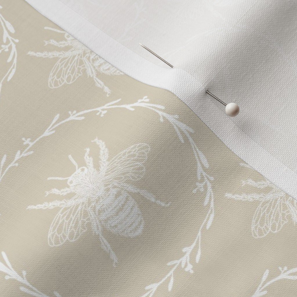 Small French Provincial Bees in Laurel Wreaths in White on Cream Fabric cream bees fabric