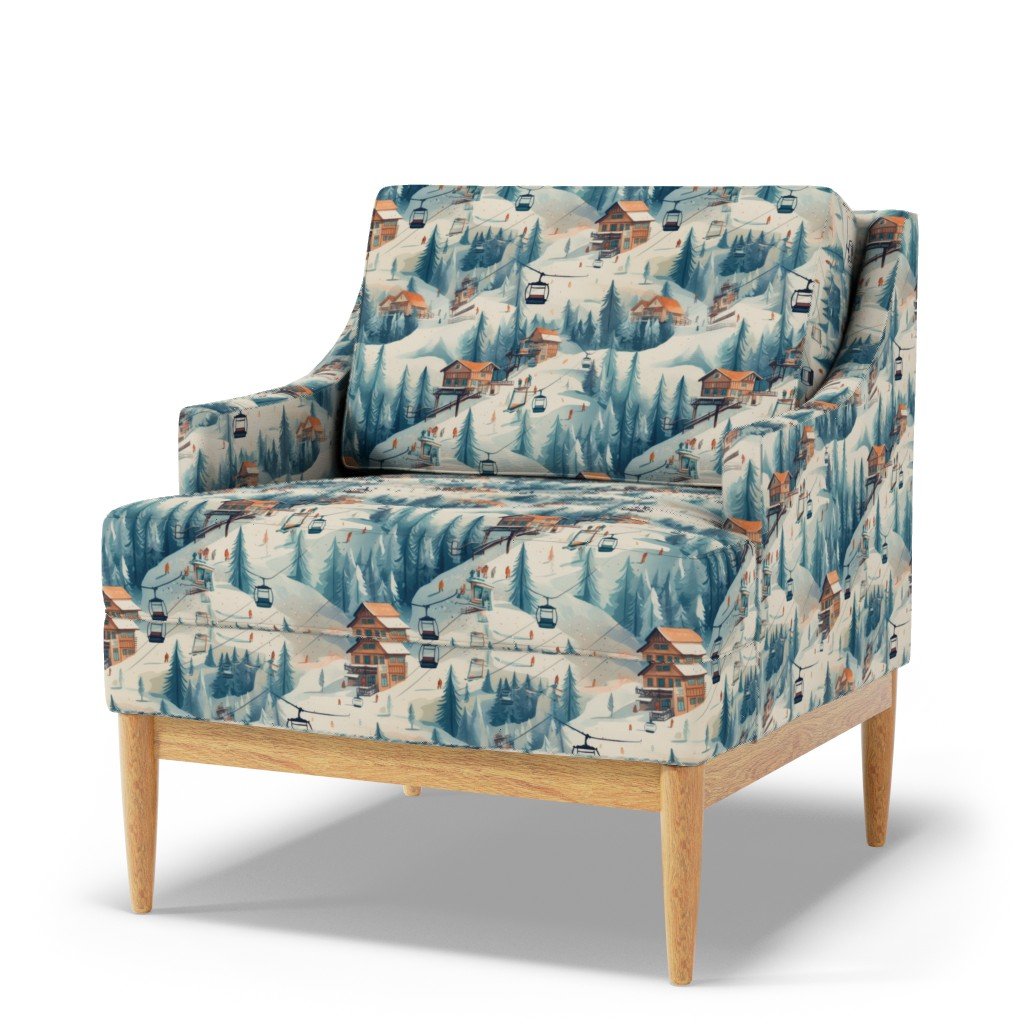 Vintage Ski Slope Cabins in Blue Woods Fabric skiiing scene fabric