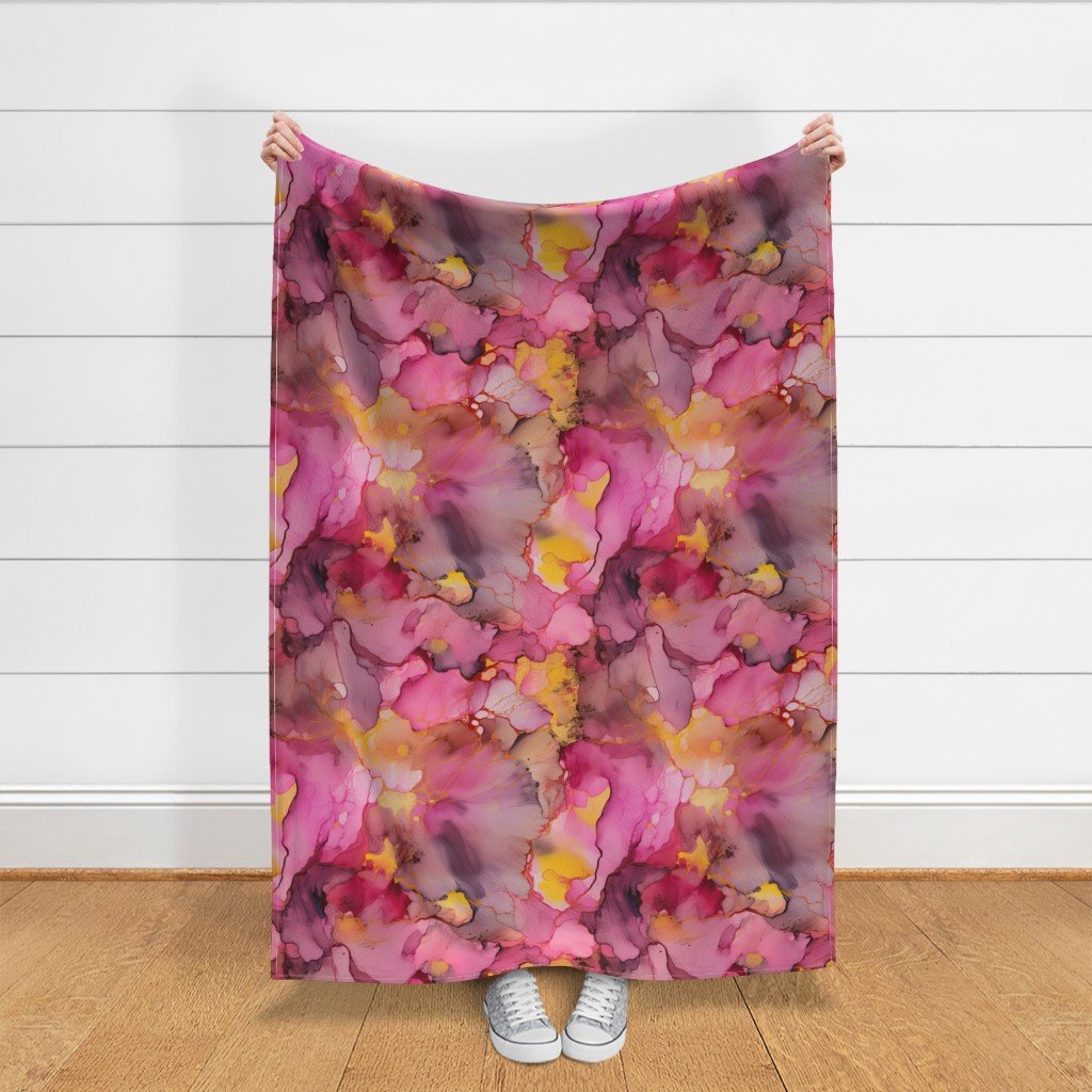 Dawn Pink Yellow and Rose Gold Alcohol Ink Liquid Swirls Fabric dawn yellow fabric