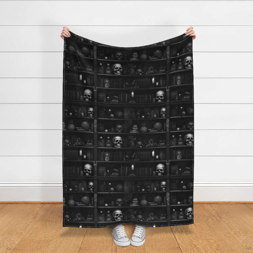Spooky Photo realistic Dark Academia Bookshelves in Black and White Fabric spooky library fabric