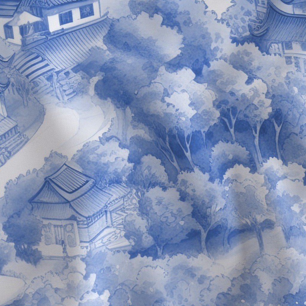 Small Chinese Village in Light Blue Porcelain Glaze Fabric light blue fabric