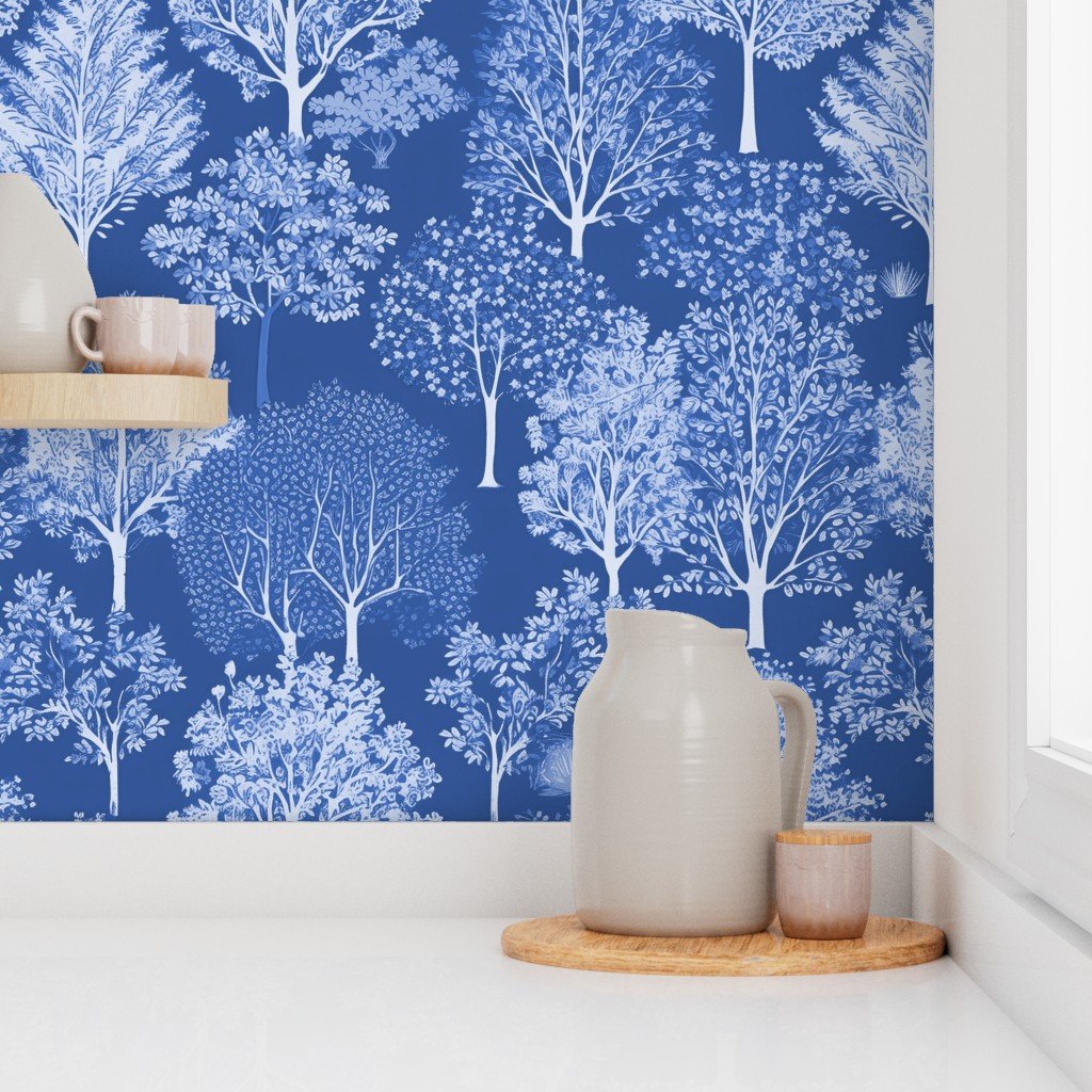 New England Endless Forest Trees Winter Light Blue Porcelain Glaze Wallpaper blue porcelain wallpaper