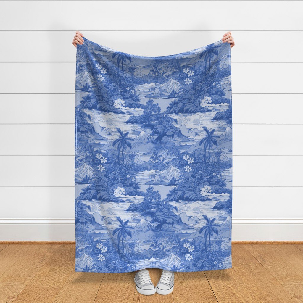 Vintage Hawaiian Landscape in Light Blue Porcelain Glaze Fabric old hawaii fabric