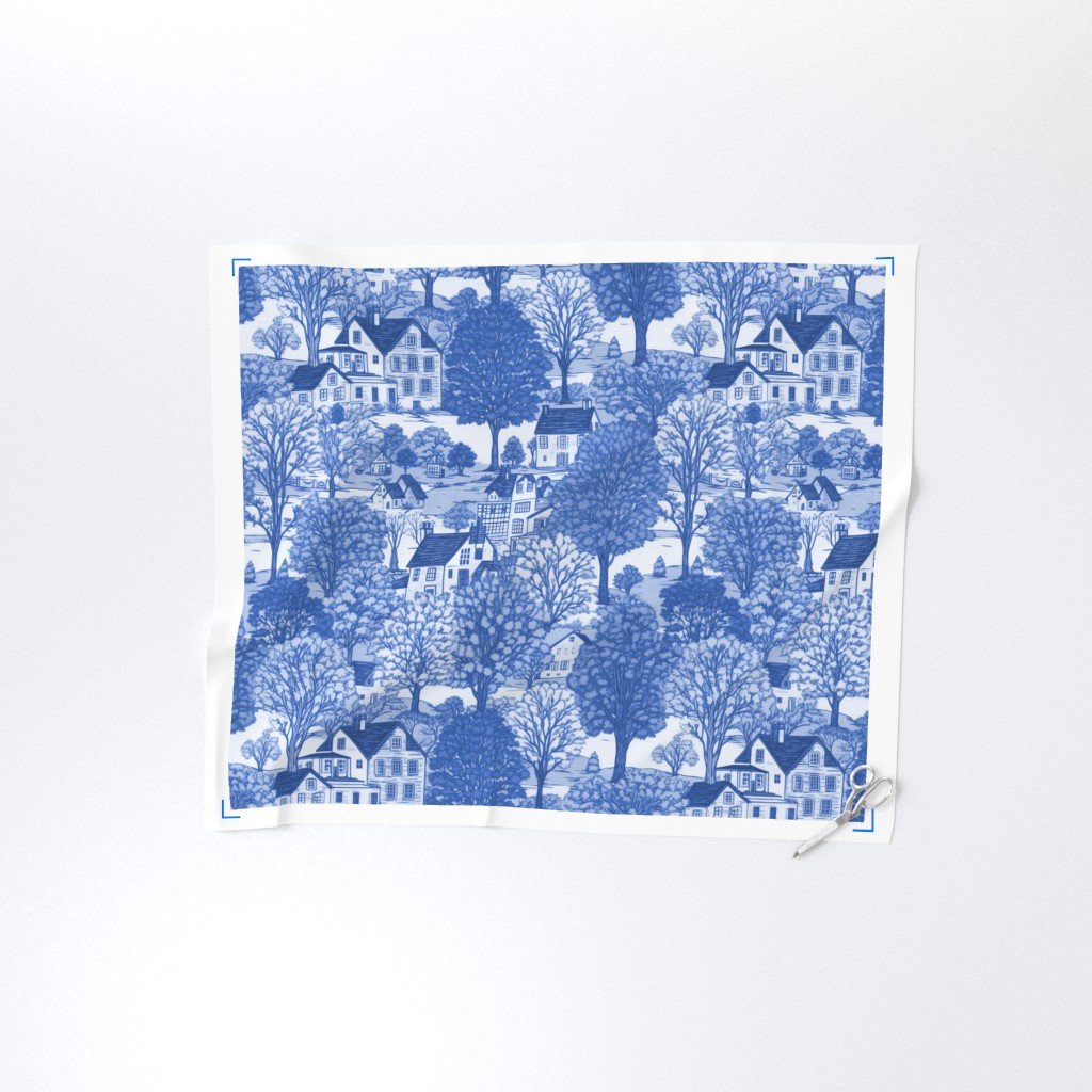 New England Village Houses with Trees in Light Blue Porcelain Glaze Fabric new england trees fabric
