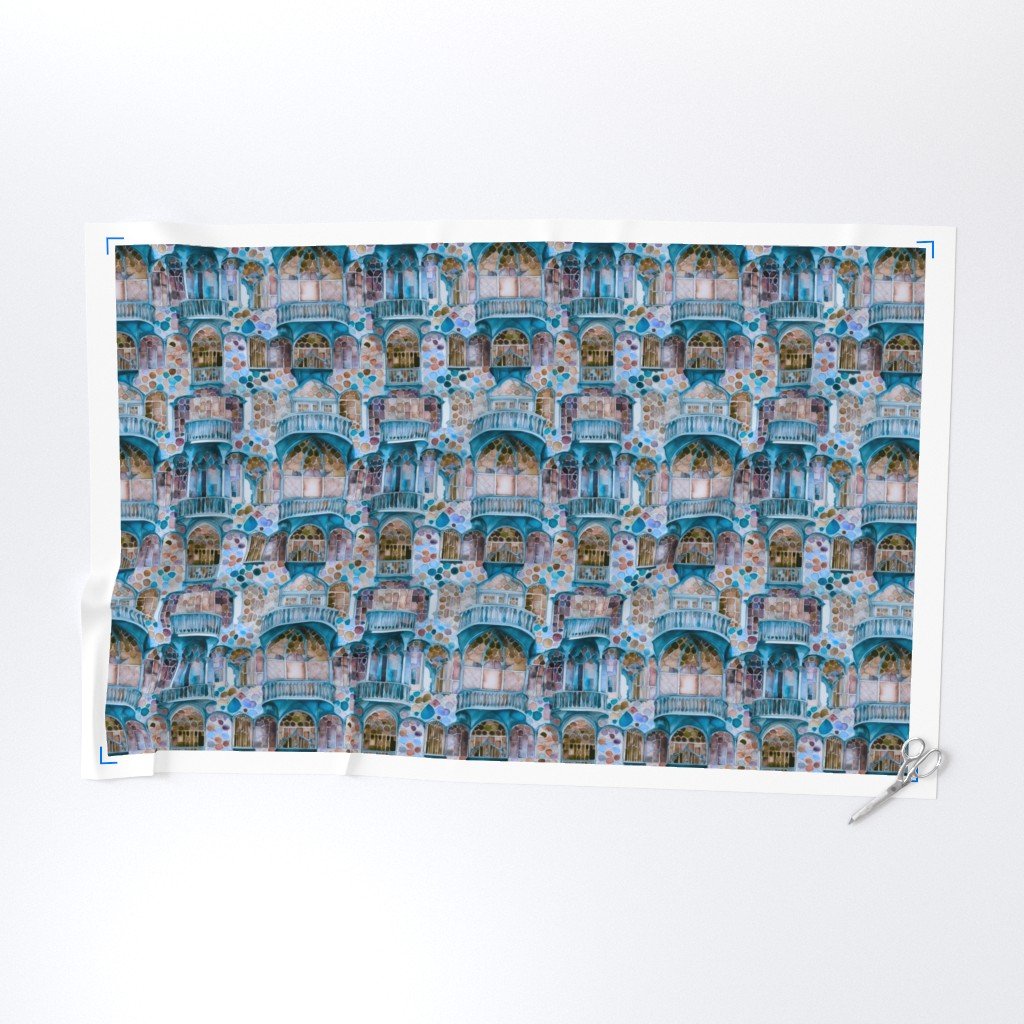 Barcelona House Architectural Detail in Windows Columns Arches and Fabric blue decor fabric
