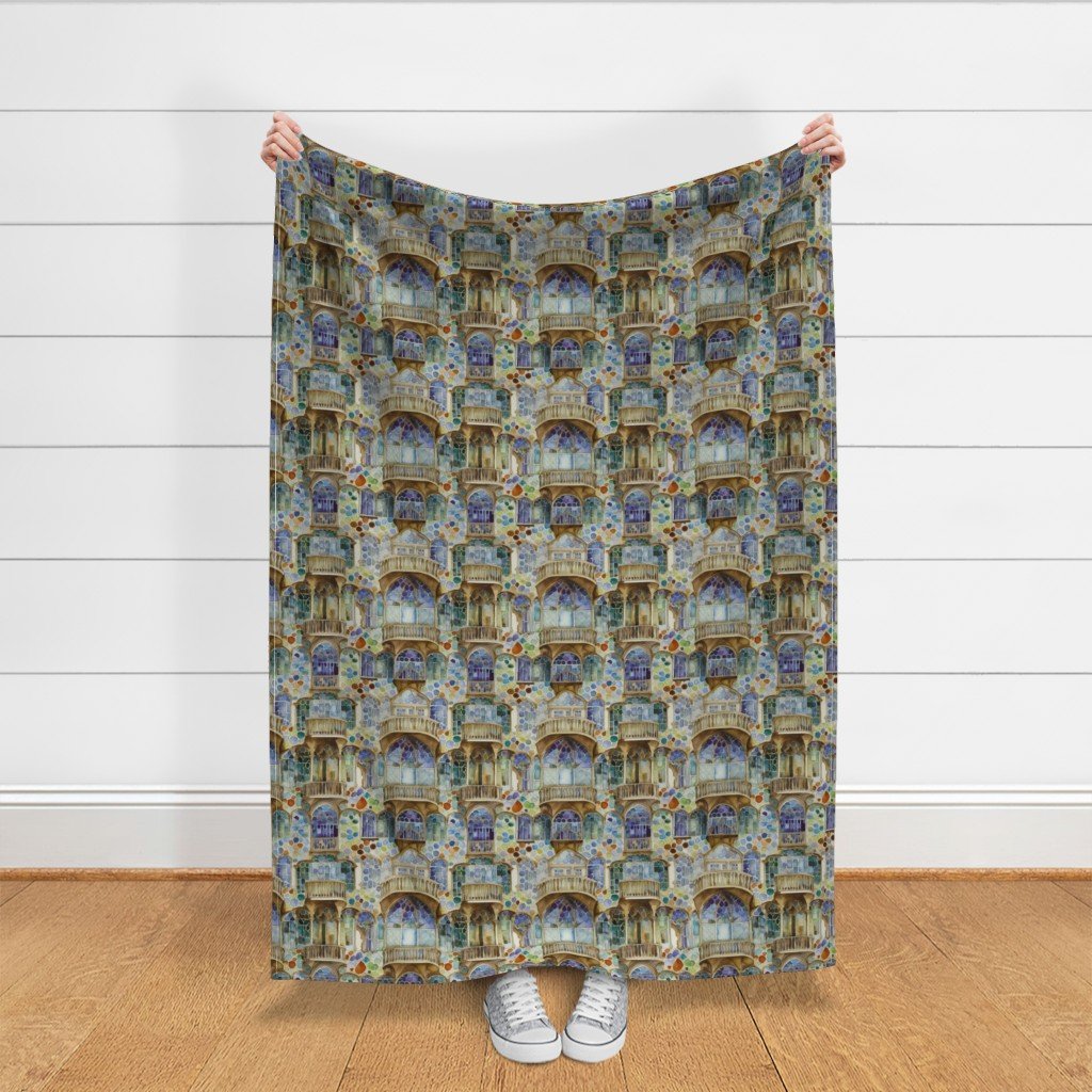 Barcelona House Architectural Detail in Windows Columns Arches and Fabric brown decor fabric