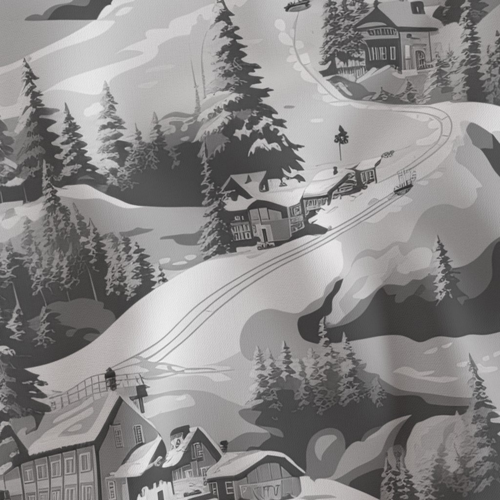 Small Montana Winter Cabins Montana with Evergreens in Grey Fabric ski slope fabric