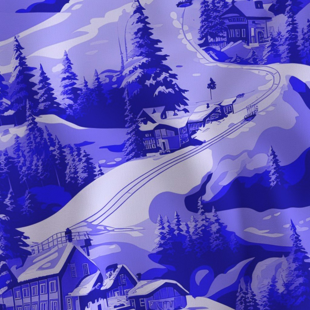 Small Montana Winter Cabins Montana with Evergreens in Royal China Fabric montana ski slope fabric