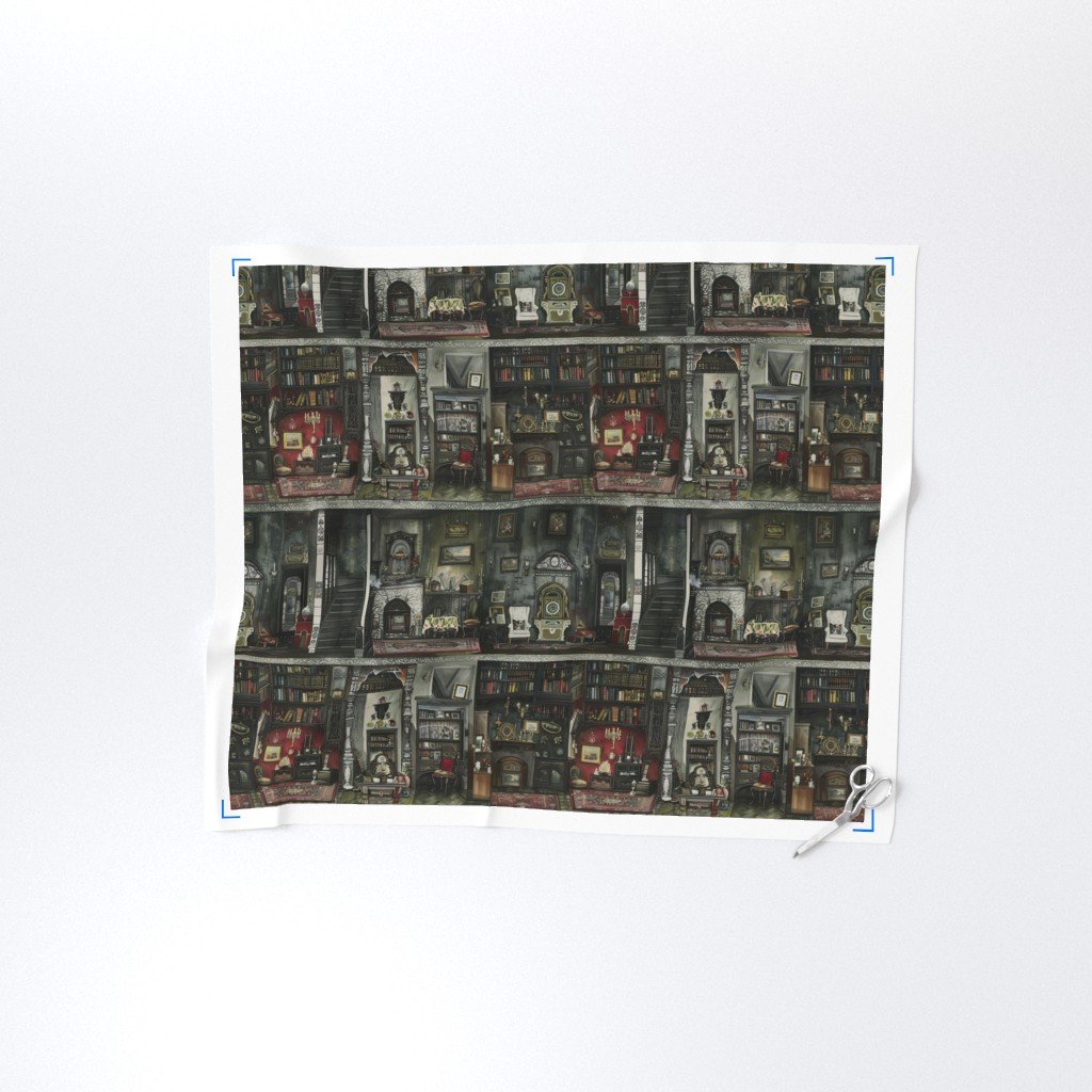 Victorian Gothic Dollshouse with Dark Academia Watercolor Decor 1 Fabric dolls house decor fabric
