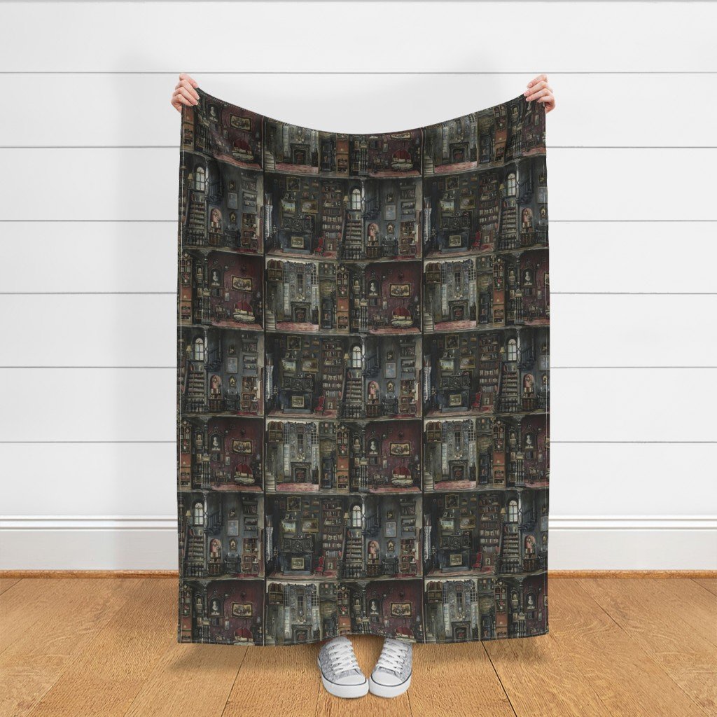 Victorian Gothic Dollshouse with Dark Academia Watercolor Decor 2 Fabric dolls house decor fabric