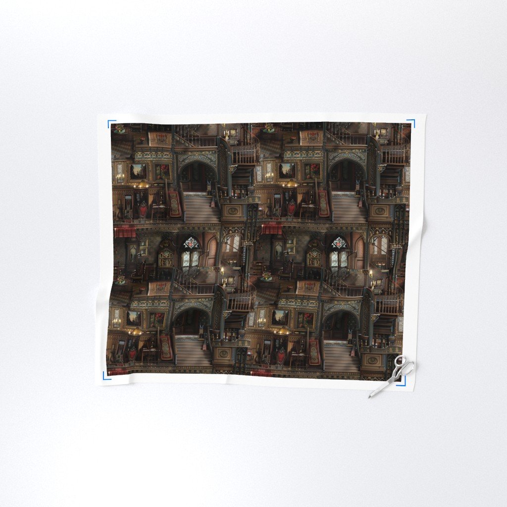 Victorian Gothic Haunted Dollshouse with Dolls in Dark Academia Fabric dolls house fabric