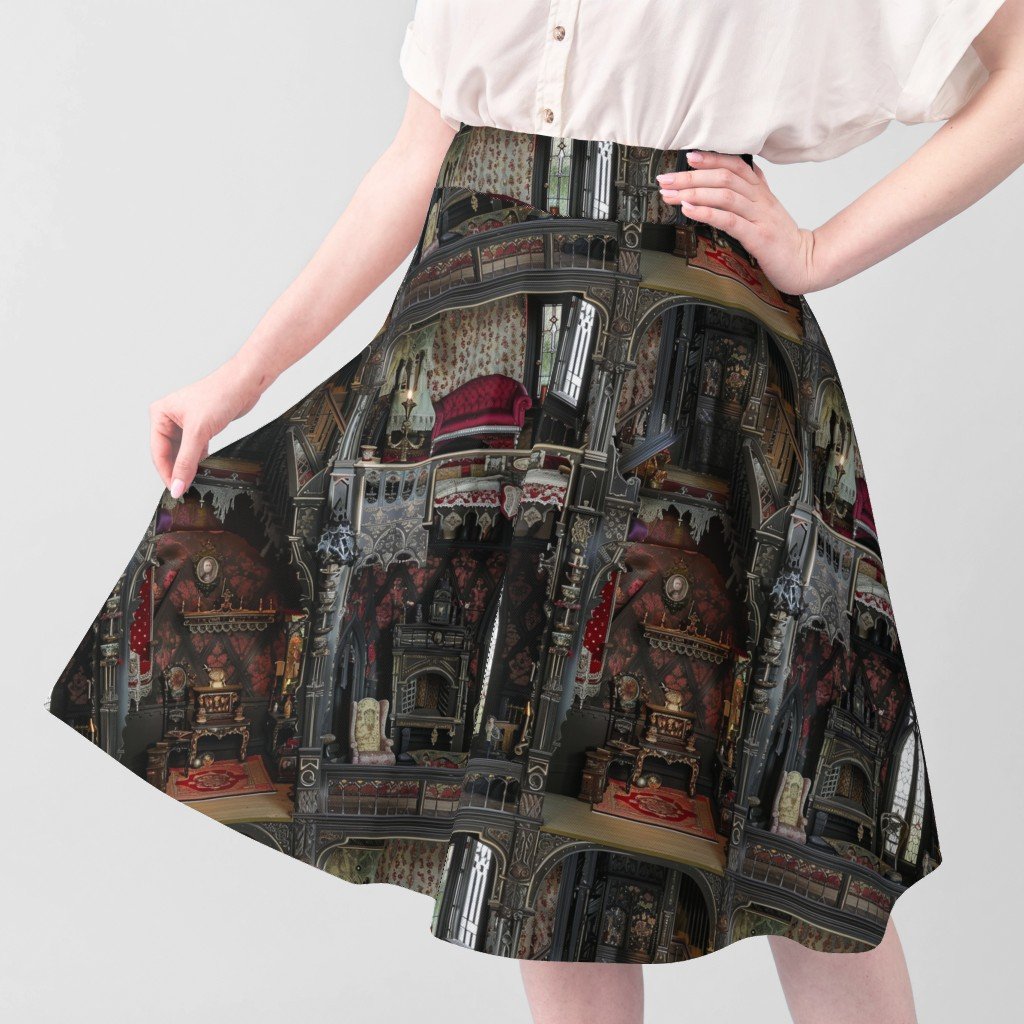 Victorian Gothic Haunted Dollshouse with Dolls in Dark Academia Fabric dolls house fabric