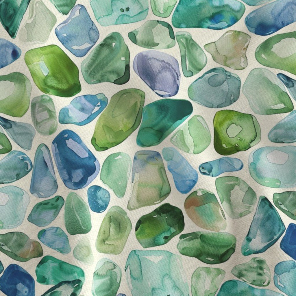 Blue and Green Shards of Tumbled and Scattered Watercolor Seaglass Fabric green seaglass fabric