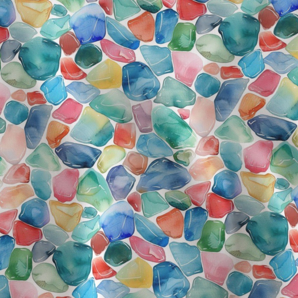 Blue and Multicolor Shards of Tumbled and Scattered Watercolor Fabric seaglass pattern fabric