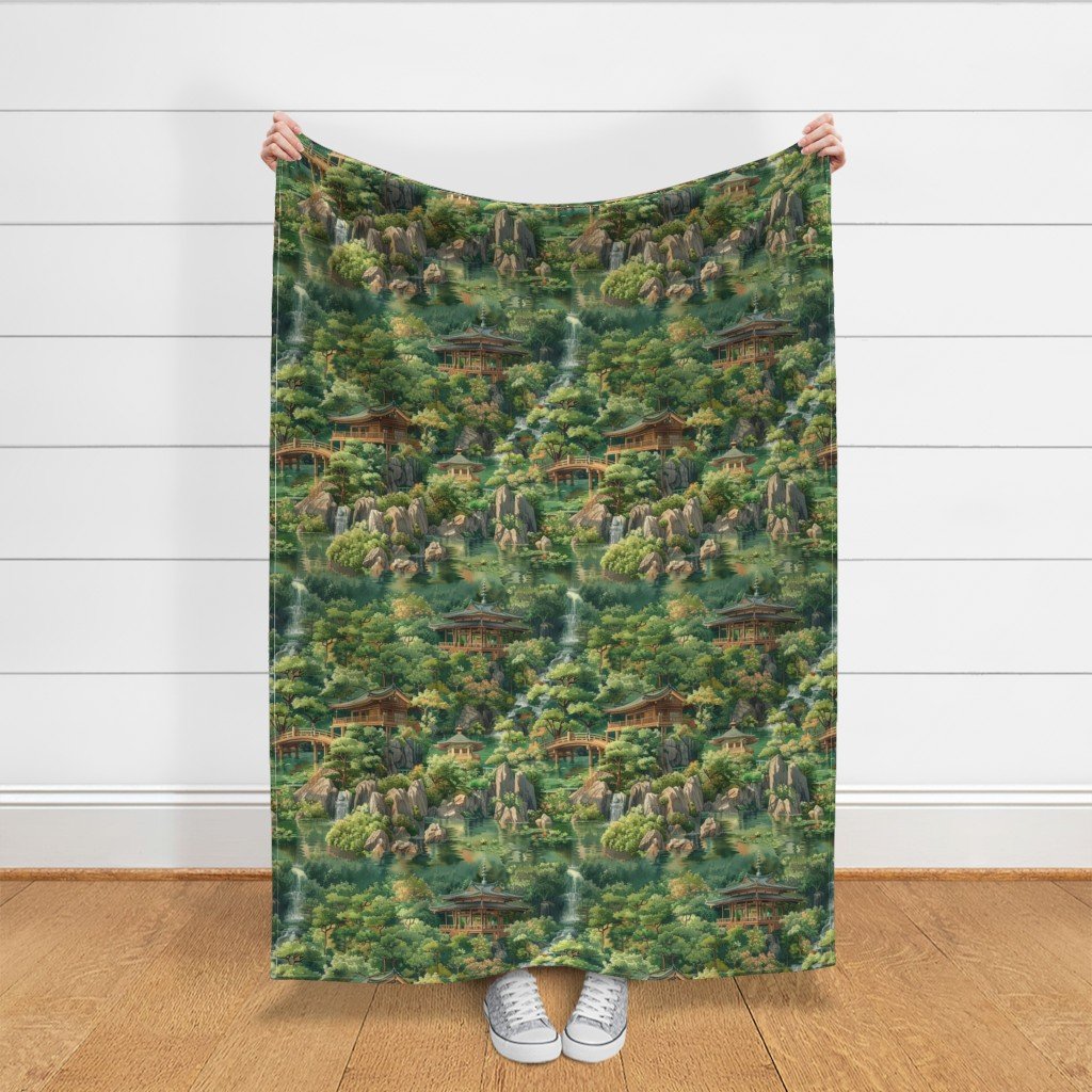 Zen Garden Haven Waterfalls Amidst Verdant Greenery Fabric japanese garden fabric