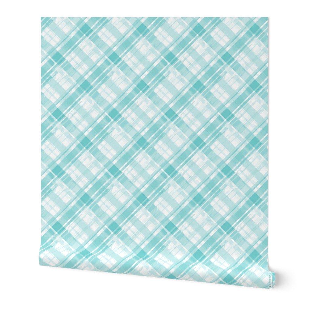 Faded Madras Diagonal Plaid in Aqua Wallpaper faded plaid wallpaper